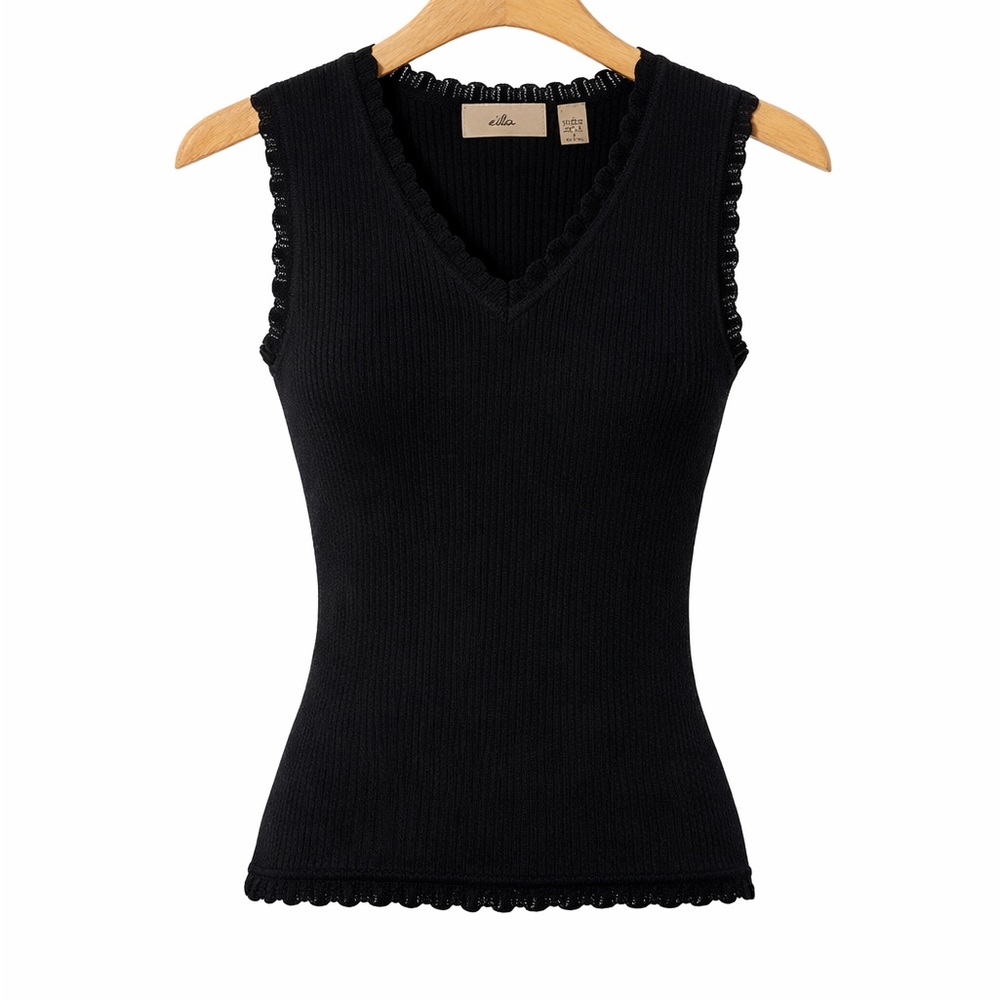 Sleeveless Black Ribbed V-Neck Tank with Scallop Edging